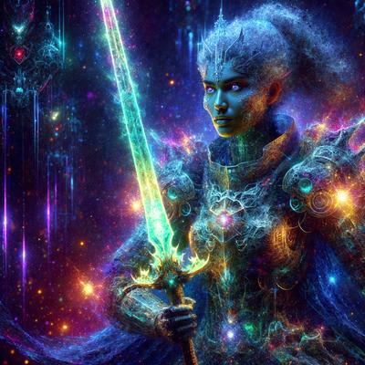The primary subject of the image is a woman dressed in a medieval-style armor, holding a sword. She is standing in a colorful, space-like environment, which suggests a futuristic or fantasy setting. The visual style of the image is digital art, as it appears to be a computer-generated or digitally-created illustration. The colors and mood of the image are vibrant and energetic, with a mix of purple, blue, and green hues that create a sense of wonder and adventure.
